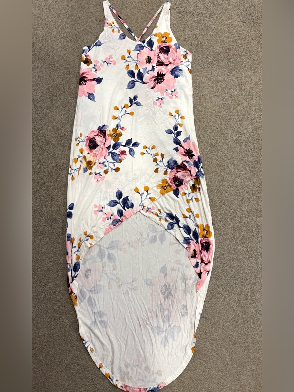 SHEIN White High-Low Floral Dress with Pink and Blue Blooms